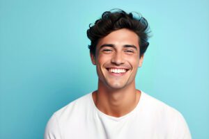AdobeStock 638744252 - Viera Dental Arts | Dentist in Melbourne FL Portrait of a young man smiling at the camera on blue background with copy space for design